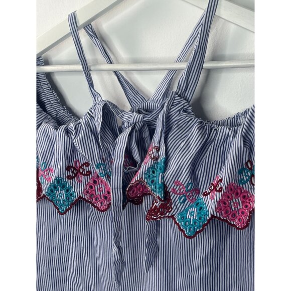 LOFT Embroidered Off Shoulder Blue Stripe Dress XS Boho Summer Casual - Picture 10 of 13